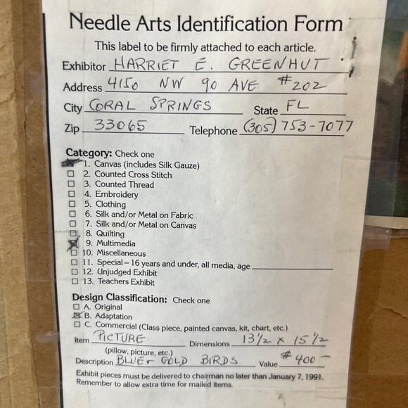 Vintage Original Embroidery Needlework Framed Art birds By H Greenhut - Picture 9 of 10